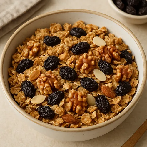 Breakfast cereal with raisins and nuts in a bowl
