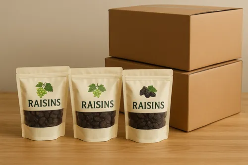 Consumer packs of raisins next to bulk cartons on a table